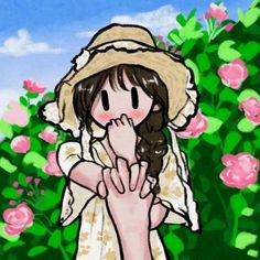 a drawing of a girl with her hands in front of her face and flowers behind her