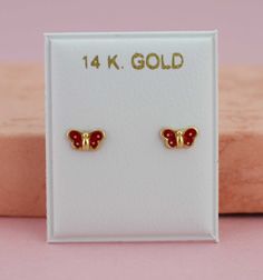 14K Gold butterfly Stud Earrings Small Butterfly Enamel Stud Butterfly Shaped Gold Jewelry For Birthday, Cute Gold Butterfly Earrings, Cute Butterfly Gold Earrings, Cute Gold Butterfly Jewelry, Red Butterfly Earrings For Gift, Enamel Stud Earrings, Butterfly Stud Earrings, Earrings Butterfly, Small Butterfly