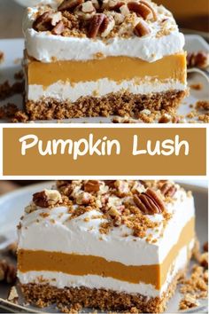 pumpkin lush layered cake with whipped cream and pecans in the middle on a white plate