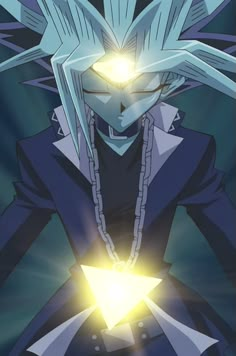 an anime character with white hair and blue eyes holding a glowing object in his hands