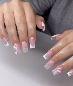 French Tip Square Nails With Design, Pink Quince Nails Short Simple, Med Nail Designs, Medium Length Nails Acrylic Square Design, Pink And White French Tip Nails Square Flower, Medium Square Acrylic Nails Flower, Medium French Tip Acrylic Nails, Acrylics Aesthetic, Pink Quince Nails Butterfly