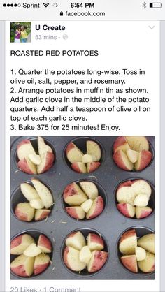 an image of baked potatoes in a muffin tins with the words roasted red potatoes