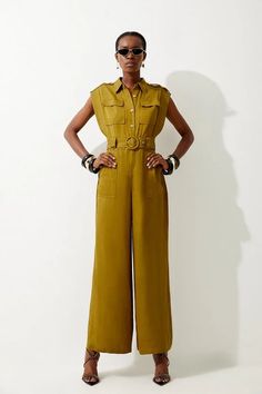 Premium Linen Topstitch Belted Jumpsuit | Karen Millen Goals 2024, Plus Size Workwear, Eid Outfits, Belted Jumpsuit, Summer Styling, Belt Jumpsuit, Fashion Goals, Linen Jumpsuit, Bandeau Dress