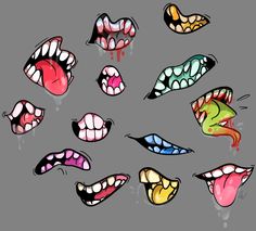 an assortment of cartoon mouths with different colors and shapes on them, all showing teeth