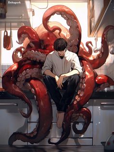 a man sitting on top of an octopus in a kitchen