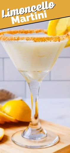 a lemonade martini in a coupe glass on a cutting board