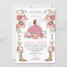 Pink Western Mariachi Princess Dress & Boots Quinceañera Birthday Invitation Charro Invitations, Charro Quince, Quince Themes, Quinceanera Pink, Quinceanera Themes Dresses, Quinceanera Planning