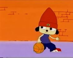 a cartoon character is holding a basketball in one hand and wearing a red hat on the other