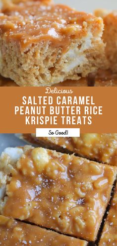 salted caramel peanut butter rice krispie treats on a plate with text overlay