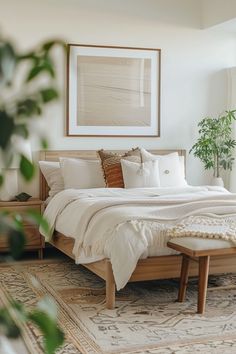 Cozy bedroom with a wooden bed, neutral bedding, and a large framed artwork above the bed. Bedroom Ideas Thuma Bed, Light Wood Bedroom Furniture Decor Ideas, Light And Airy Decor, Cozy Neutral Bedroom Romantic, Airy Bedroom Aesthetic, Chic Neutral Bedroom, Calm Bedroom Aesthetic, World Market Decor, Bedroom Inspirations White