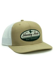 If you're looking for the highest quality, best fitting, custom hat, you'll be glad you ordered a Honey Hole Hat. Color: Khaki/White Khaki Trucker Hat For Outdoor, Cream Flat Bill Hat For Outdoor, Cream Snapback Trucker Hat For Outdoor, Khaki Trucker Hat With Curved Bill, Khaki Trucker Hat, One Size, Brown Snapback Trucker Hat For Fishing, Brown Military Trucker Hat, Christmas Tee Shirts, Short Tunic