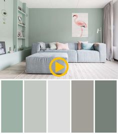 a living room filled with furniture and lots of color swatches in shades of gray, green