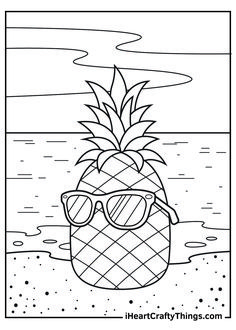 a pineapple wearing sunglasses on the beach with water and clouds in the background coloring page