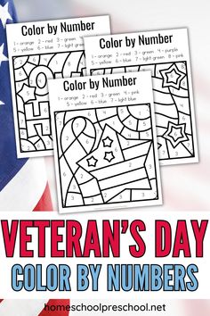 the veterans day color by numbers is on display in front of an american flag background