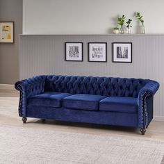 a blue couch sitting on top of a wooden floor next to two framed pictures above it