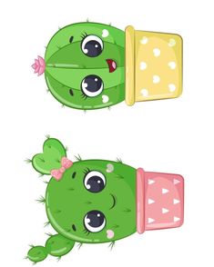 two green cactuses with big eyes and pink bows on their heads are facing each other