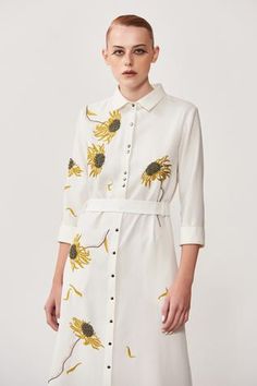 Shop for Shahin Mannan White Satin Crepe Withering Flower Linen Shirt Dress for Women Online at Aza Fashions Elegant White Floral Print Shirt Dress, White Belted Shirt Dress For Summer, Spring Workwear Dresses With Floral Embroidery, Elegant Floral Embroidered Shirt Dress For Spring, Elegant Floral Embroidery Shirt Dress For Spring, Elegant Spring Shirt Dress With Floral Embroidery, Embroidered Summer Dresses For Work, Summer Workwear Dresses With Embroidery, Linen Shirt Dress