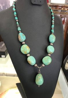 Southwestern large vintage beaded necklace with silver beads. 22 inches including a 2 inch drop 6 chunky round blue- green turquoise And one pear shaped drop Quarter size pieces that have  a substantial look! At least from the 80's Maybe earlier Torquise Necklaces, Large Bead Necklace Ideas, Handmade Turquoise Necklace, Chunky Turquoise Necklace, Turquoise Stone Jewelry, Large Bead Necklace, Handmade Statement Necklace, Coral Beads Necklace, Flower Mound