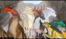 several different types of dragon standing in front of a rock formation with the words wings of fire on it