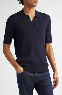 The renowned British label has elevated the wardrobe-staple polo with this rib-knit version crafted for softness from a blend of silk and cotton. 26 1/2" length (size Medium) Button half placket Spread collar Short sleeves 55% silk, 45% cotton Dry clean or hand wash, dry flat Made in Portugal Designer Clothing Fabric Gift Bags, Cotton Polo, Nordstrom Store, Fabric Gifts, Free Fabric, Wardrobe Staples, Clothing Items, Rib Knit, Designer Clothing