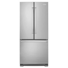 This 30-inch refrigerator is an ideal solution in small kitchens that can typically only accept a top-freezer refrigerator. French doors open with a narrow door swing similar to a side-by-side refrigerator. And inside you’ll find appealing features including an interior water dispenser and a full-width pantry drawer that helps keep your fresh food organized and easy to reach. KitchenAid 19.7-cu ft French Door Refrigerator with Ice Maker and Ice Dispenser (Stainless Steel) | KRFF300ESS Fridge Surround, 30 Inch Refrigerator, Samsung Refrigerator French Door, Lg French Door Refrigerator, Kitchenaid Refrigerator, Steel French Doors, Kitchen Aid Appliances, Pantry Drawers, Fridge French Door