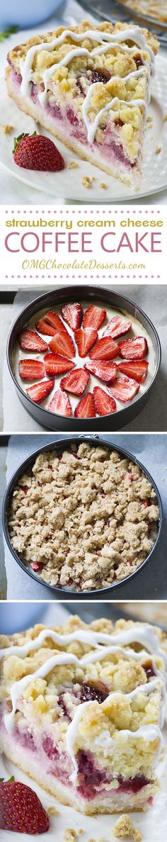 this is a collage of different desserts with strawberries and cream on top