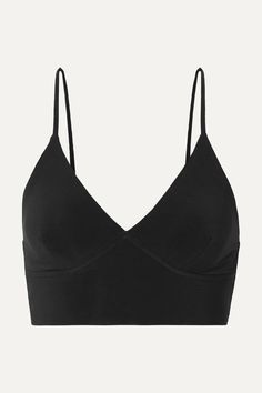 Norma Kamali's bralette is perfect for underpinning semi-sheer shirts, partially buttoned blazers or worn solo with the matching skirt. Made from lightweight stretch-jersey, it has triangle soft-cups and a longline underband for added support and lift. Comfy Bra, Sophie Buhai, Sheer Shirt, Katie Holmes, Norma Kamali, Black Bralette, Soft Cup, Bustiers, Summer Trends