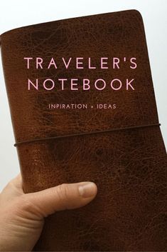 the traveler's notebook set up and information is being held by a person with their hand