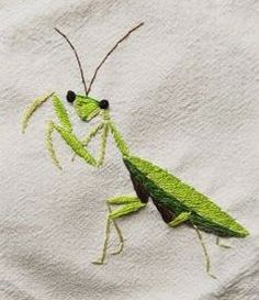 a close up of a green insect on a white towel