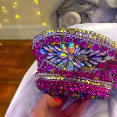 Pink Jeweled Captains Hat I Made For Mardi Gras And It Was A Show Stopper So Many People Loved This Hat !!!! Pink Everything, So Many People, Many People, Bling Bling, Mardi Gras, Pink Purple, Pink Ladies, Women Accessories, Purple