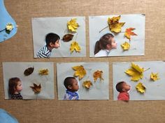 four pictures of children's faces and autumn leaves on white paper with text overlay