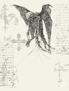 a drawing of a skeleton with wings on it