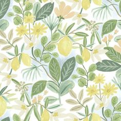 a wallpaper with yellow flowers and green leaves