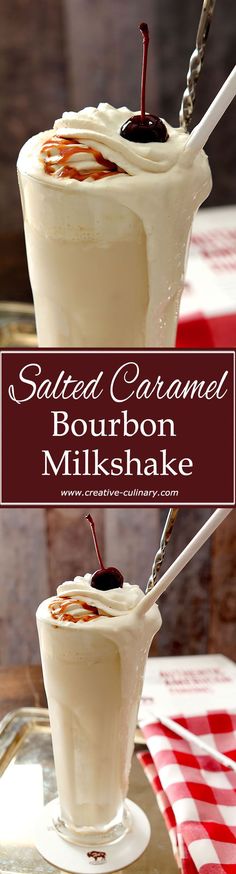 salted caramel bourbon milkshake with whipped cream and cherries on top