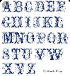 the upper and lower letters are made out of blue glass, with swirly designs