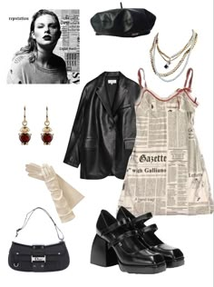 a woman's clothing and accessories including shoes, gloves, necklaces, purse