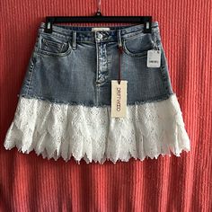 Nwt Free People Juliette Denim Skirt Size 27 Tucson Lace - Runs Large - Waist Appropriately 15” Trendy Distressed Light Wash Skirt, Casual Light Wash Distressed Skirt, Lace Jean Skirt, High Rise Distressed Light Wash Denim Skirt, Denim Skirt Lace, Free People Skirt, Denim And Lace, Tucson, Denim Skirt