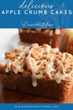 an apple crumb cake is on a cutting board with the words delicious apples in the background