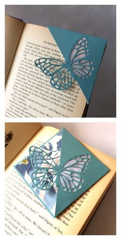 an open book with some paper cut outs on it and the pages are folded to look like butterflies