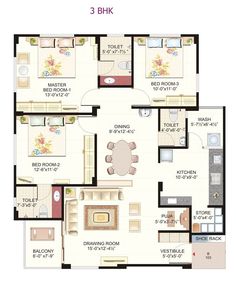 3 bhk floor plan with 2 beds and 1 bathrooms in the middle of it