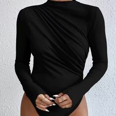 Nwot Never Worn. Women's Rouched, Flattering And Stretchy One-Piece Body Suit. Beautiful Long Sleeve, Mock Neck In Solid Stunning Black. Perfect For Either Business Or Casual Wear. Comfy Jumpsuits, Bodysuit Tops, Casual Bodysuit, Vintage Witch, Color Coffee, Casual Jumpsuit, One Piece Bodysuit, Black Bodysuit, Shawl Collar