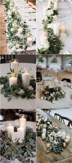 wedding centerpieces with candles and greenery on the table for an elegant look