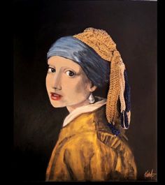 a painting of a girl with a pearl earring wearing a yellow dress and blue hair