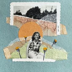 an altered photograph of a woman sitting on a patch of paper with flowers in front of her