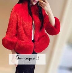 Women Red Faux Fur Coat with Big Fluffy Collar and Edge Sleeve Fur detail Red Faux Fur Coat, Grey Faux Fur Coat, Imperial Fashion, Brown Faux Fur Coat, Black Faux Fur Coat, Black Faux Fur, Style Office, Office Lady, Season Winter