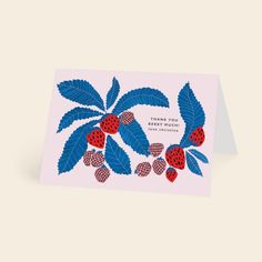 a pink card with blue leaves and berries on it, says thank you berry bush