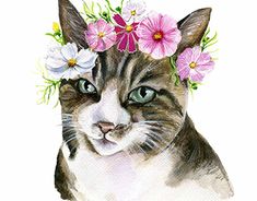 a watercolor painting of a cat with flowers on its head, looking at the camera