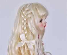 "5-6\" BJD doll wig, cute blonde doll wig with braided hair and bow , fashion long hair wig, curly wigs for ball joint dolls 1/6 Enjoy your tour here! Fancy bjd doll accessories - wigs. Find the cute wig for your dolls, bjd dolls.  Details: Size options: 1/6 Special Note: a. It's NOT kids toys, please pay attention to avoid children reaching it and eating by mistake; b. It's bjd doll's accessories products in small size, not for real people. If you have any other special requirement, bulk order, Wigs For Bjd Dolls, Doll Hairstyle, Wig Cute, Doll Hairstyles, Bjd Wig, Cute Blonde, Wig Curly, Bow Fashion, Dolls Bjd