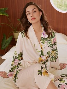 Tropical Floral Printed Pajama Set 2 Pcs Luxury Short Robe | Ulivary Robe Pajamas, Bride Pajama, Bridal Pajamas, Printed Pajama, Luxury Robes, Silk Pajamas Women, Asian Designers, Pyjamas Womens, Floral Pajamas