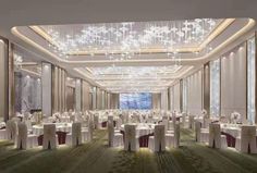 a large banquet hall with tables and chairs